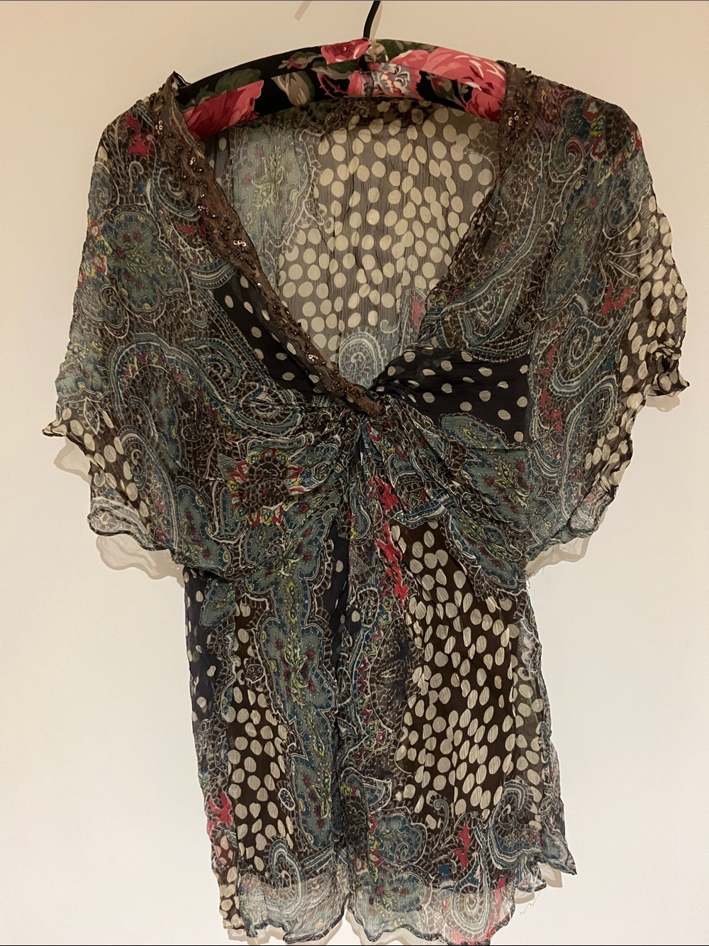 Bordeaux Green Paisley & Polka Dot chiffon blouse